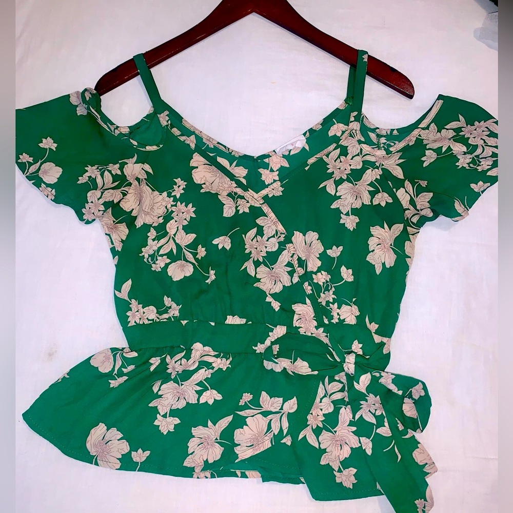 Sienna Sky green and cream floral flutter sleeve cold shoulder wrap blouse